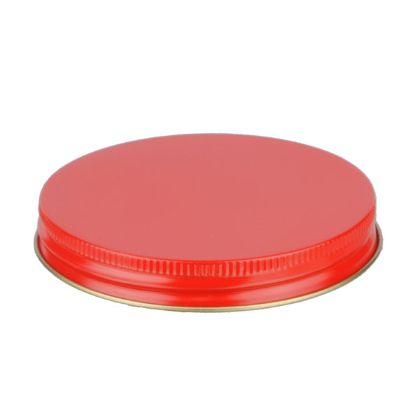 89-400 RED THREADS AND KNURLED EDGE TIN PLATE METAL SCREW CAP - PS22 PRINTED "SFYP" LINER